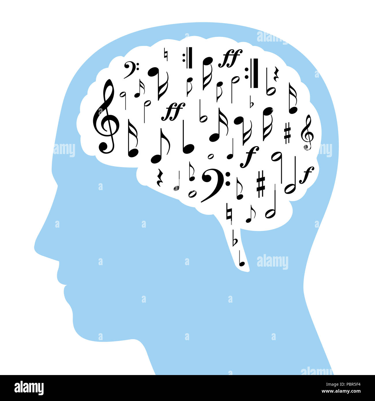 Noten in einem weißen Gehirn und blaue Silhouette des Kopfes. Einige Symbole aus der musikalischen Notation, Schwarz, im Gehirn. Stockfoto
