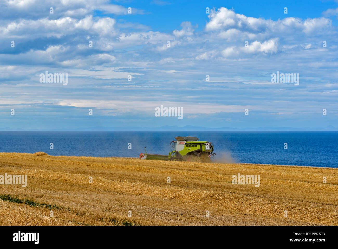 Mähdrescher mit Wolken von Staub auf einem GERSTENFELD MIT BLICK AUF DAS MEER UND den Moray Firth SCHOTTLAND Stockfoto