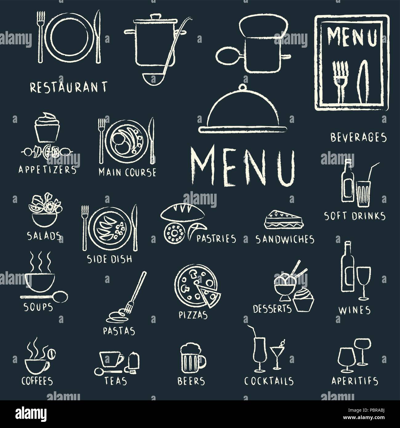 Restaurant Menü Design Elemente mit Kreide gezeichnet Essen und Trinken Symbole auf Tafel Stock Vektor
