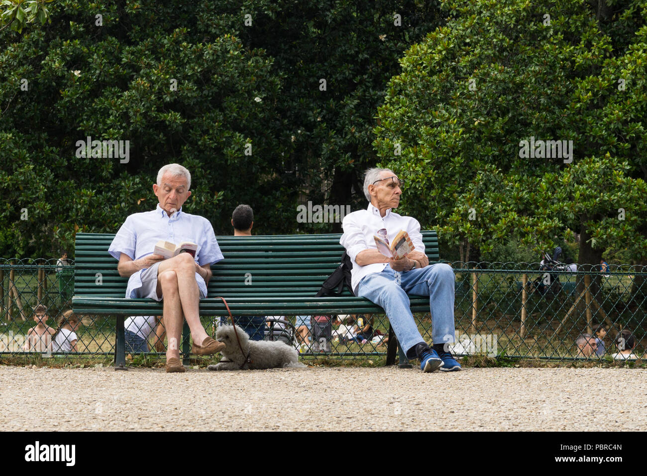 Ältere Franzosen - zwei ältere Pariser genießen Sonntag Nachmittag im Park Monceau in Paris, Frankreich, Europa. Stockfoto