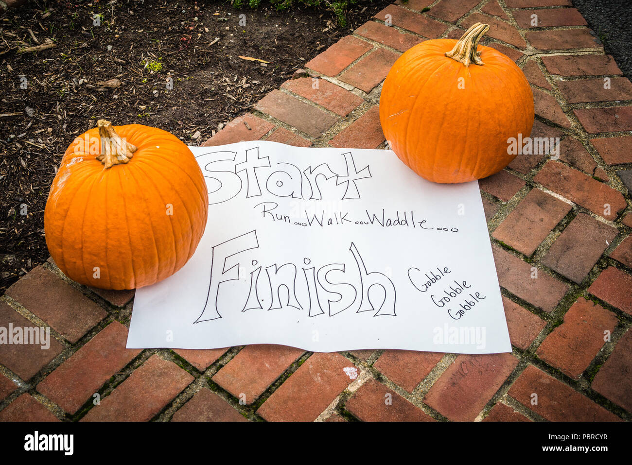 Zwei Kürbisse verwendet, Start- und Endpunkt Papier für Familie traditionellen Türkei Trab Rennen zu halten. Stockfoto