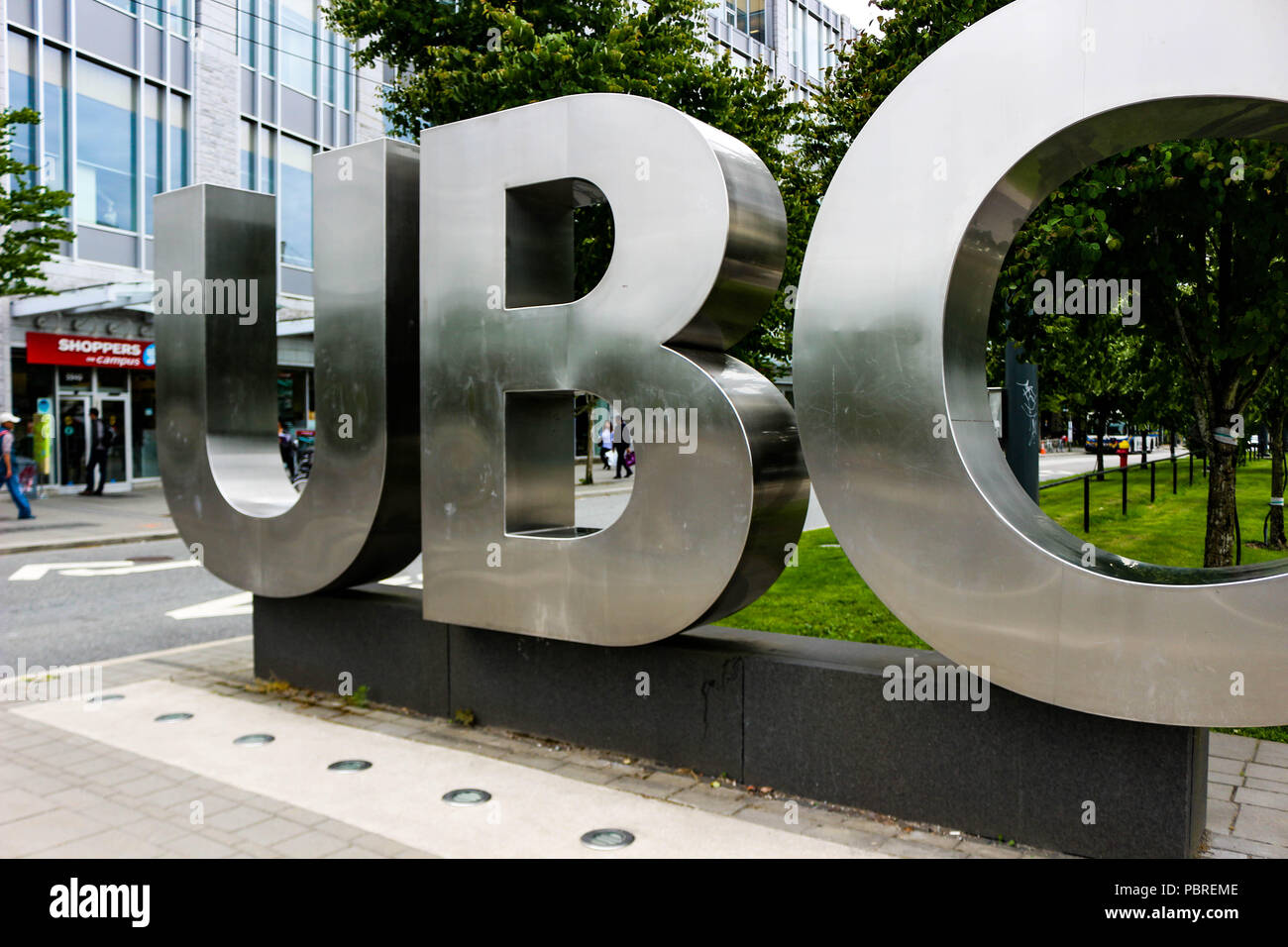 Vancouver, British Columbia, 20. Juni 2018: Editorial Foto der UBC Zeichen, dass bedeutet, dass sie sich an der Universität von British Columbia Campus. UBC ist für Ihre erstaunlichen Wissenschaftler bekannt. Stockfoto