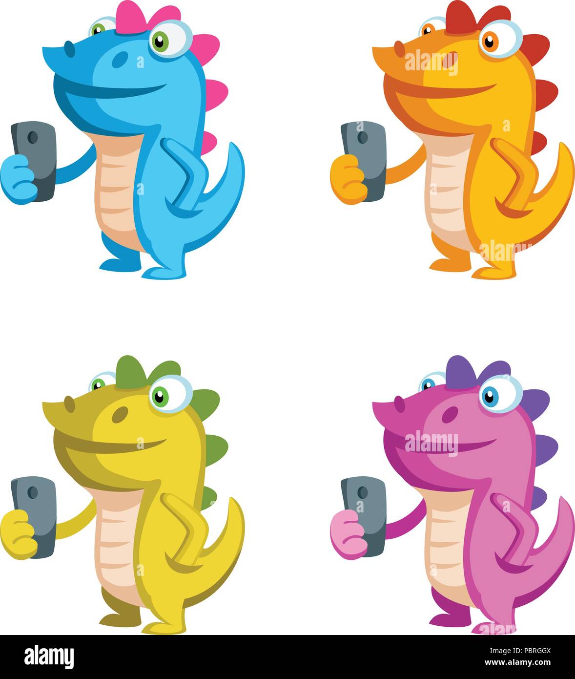 Cute cartoon dragon Charakter mit einem Telefon in unterschiedlichen Farben Stock Vektor