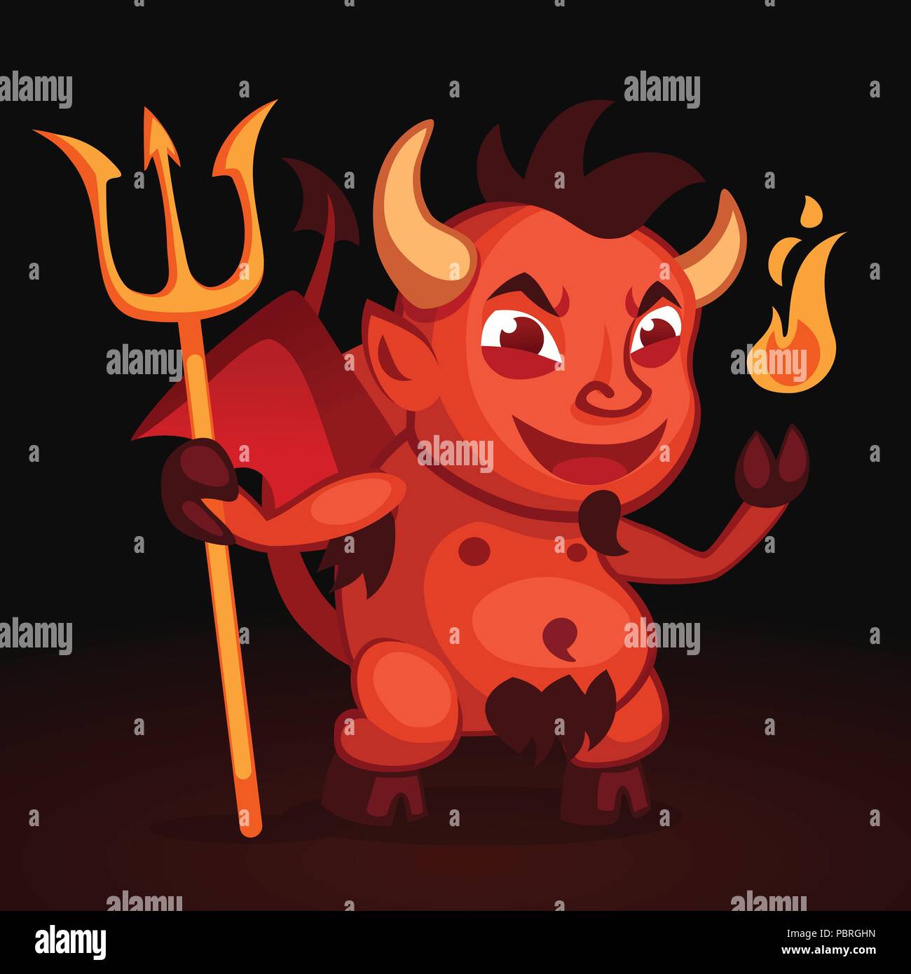 Abbildung: Ein roter Teufel mit der Mistgabel in der Hand und Feuer in den anderen Stock Vektor