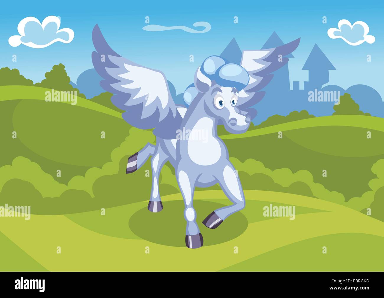 Fantasy Sommer Vector Illustration mit Schloss und einem weißen Pegasus Stock Vektor