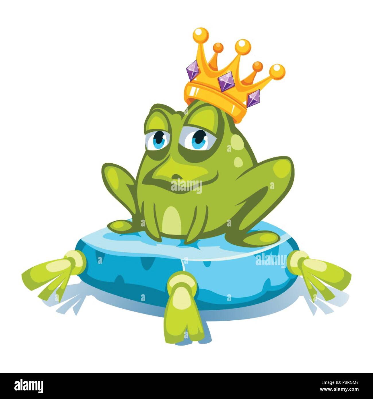 Cartoon grüner Frosch Charakter mit einer Krone mit Edelsteinen, sitzend auf einem blauen Kissen Stock Vektor