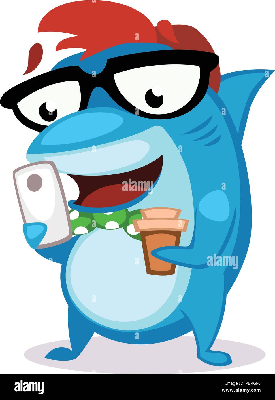Cartoon hipster shark Charakter in Gläsern und Schmetterling Krawatte mit Telefon und Kaffee Stock Vektor
