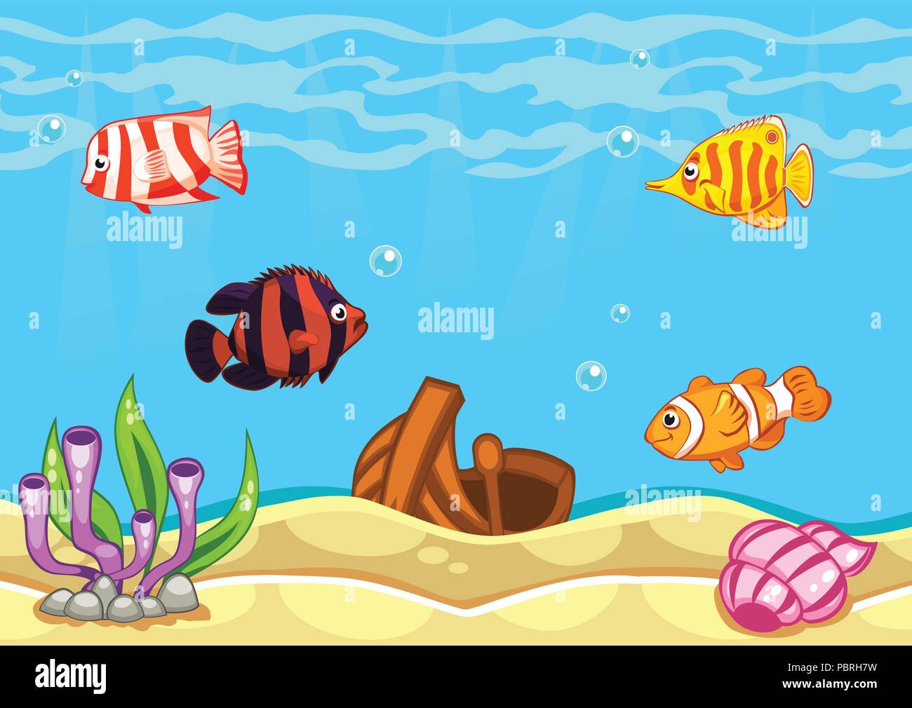 Unterwasserwelt Vector Illustration mit Algen, Boot, Muschel und Fische Stock Vektor