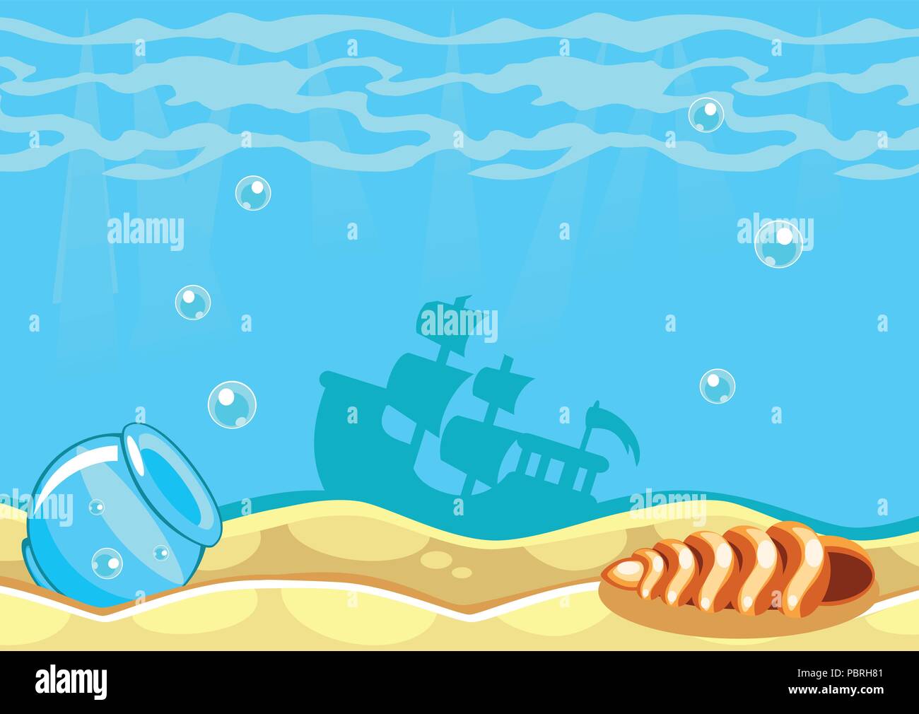 Unterwasser Vektor Welt Hintergrund mit Schiff, Muschel und ein Aquarium Stock Vektor