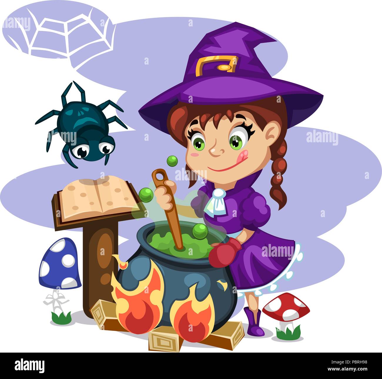 Cartoon junge Mädchen Hexe Charakter, der Braut einen grünen Zaubertrank in Kessel und Spinne hängen von Web, Zauber Buch Stock Vektor