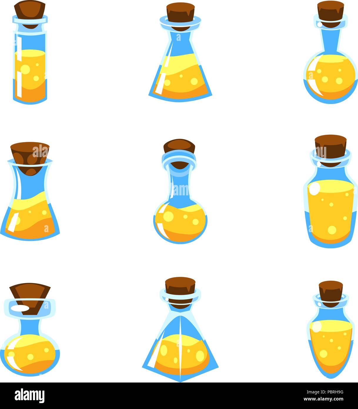 Cartoon Vector gelb Tränke in Flaschen verschiedener Form Stock Vektor