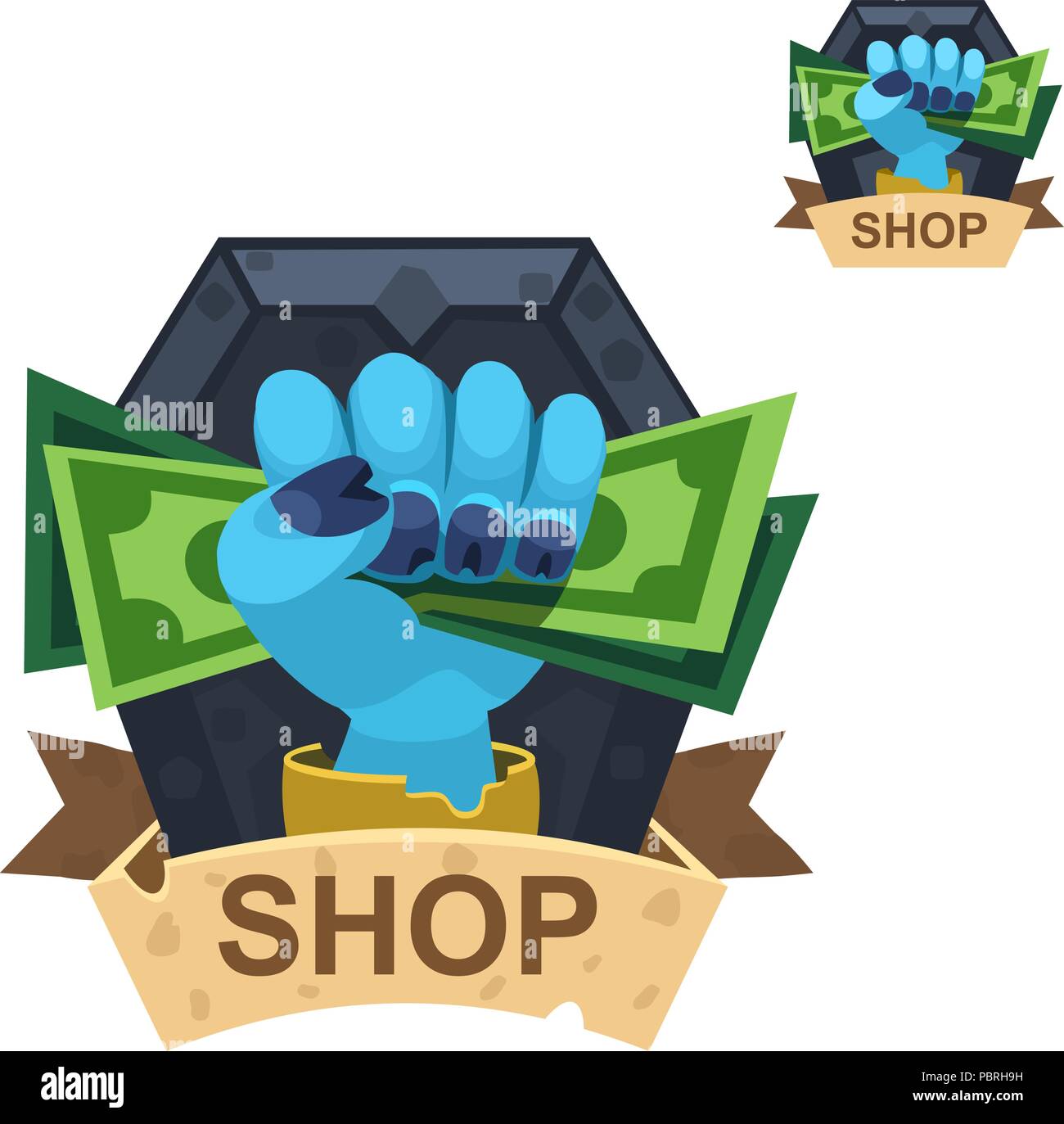 Cartoon Vektor zombie Spiel Shop icon-hand mit Geld, grosse und kleine Version Stock Vektor