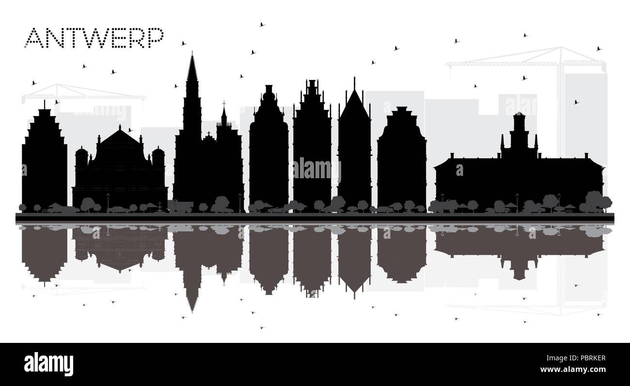 Antwerpen Belgien Skyline der Stadt schwarze und weiße Silhouette mit Reflexionen. Vector Illustration. Einfache flache Konzept für Tourismus Präsentation, Banner Stock Vektor