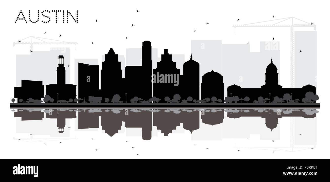 Austin Texas City Skyline schwarze und weiße Silhouette mit Reflexionen. Vector Illustration. Einfache flache Konzept für Tourismus Präsentation, Banner Stock Vektor