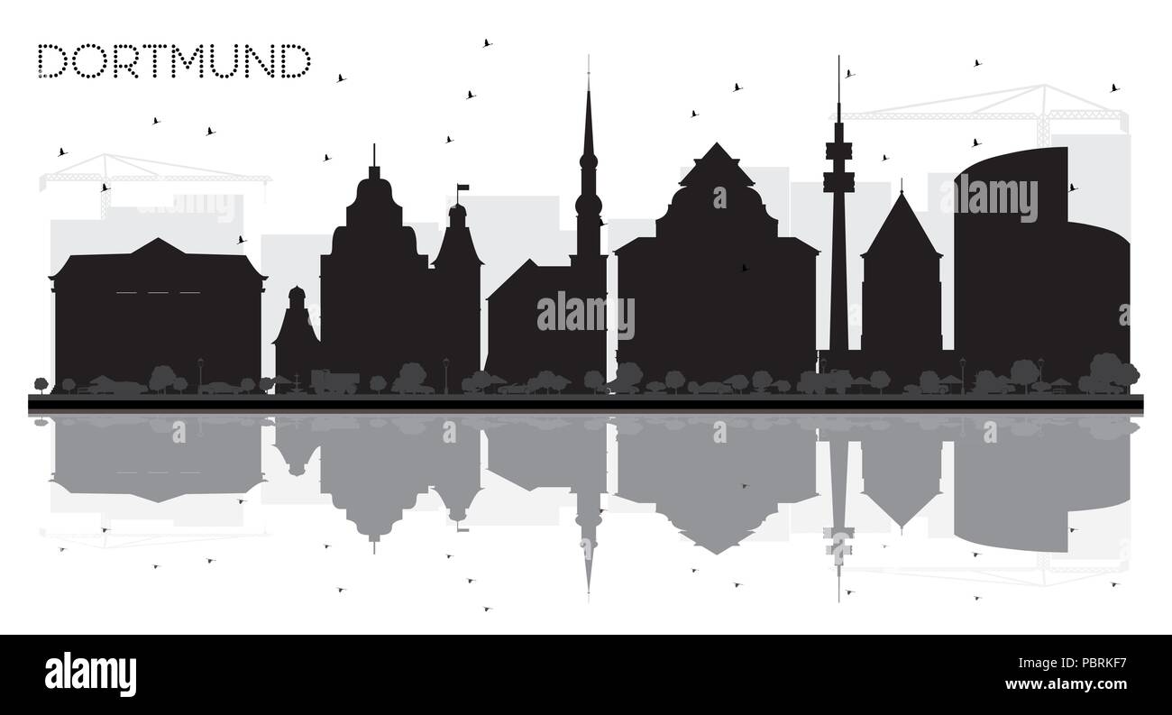 Dortmund Deutschland Skyline der Stadt schwarze und weiße Silhouette mit Reflexionen. Vector Illustration. Einfache flache Konzept für Tourismus Präsentation, Banner Stock Vektor