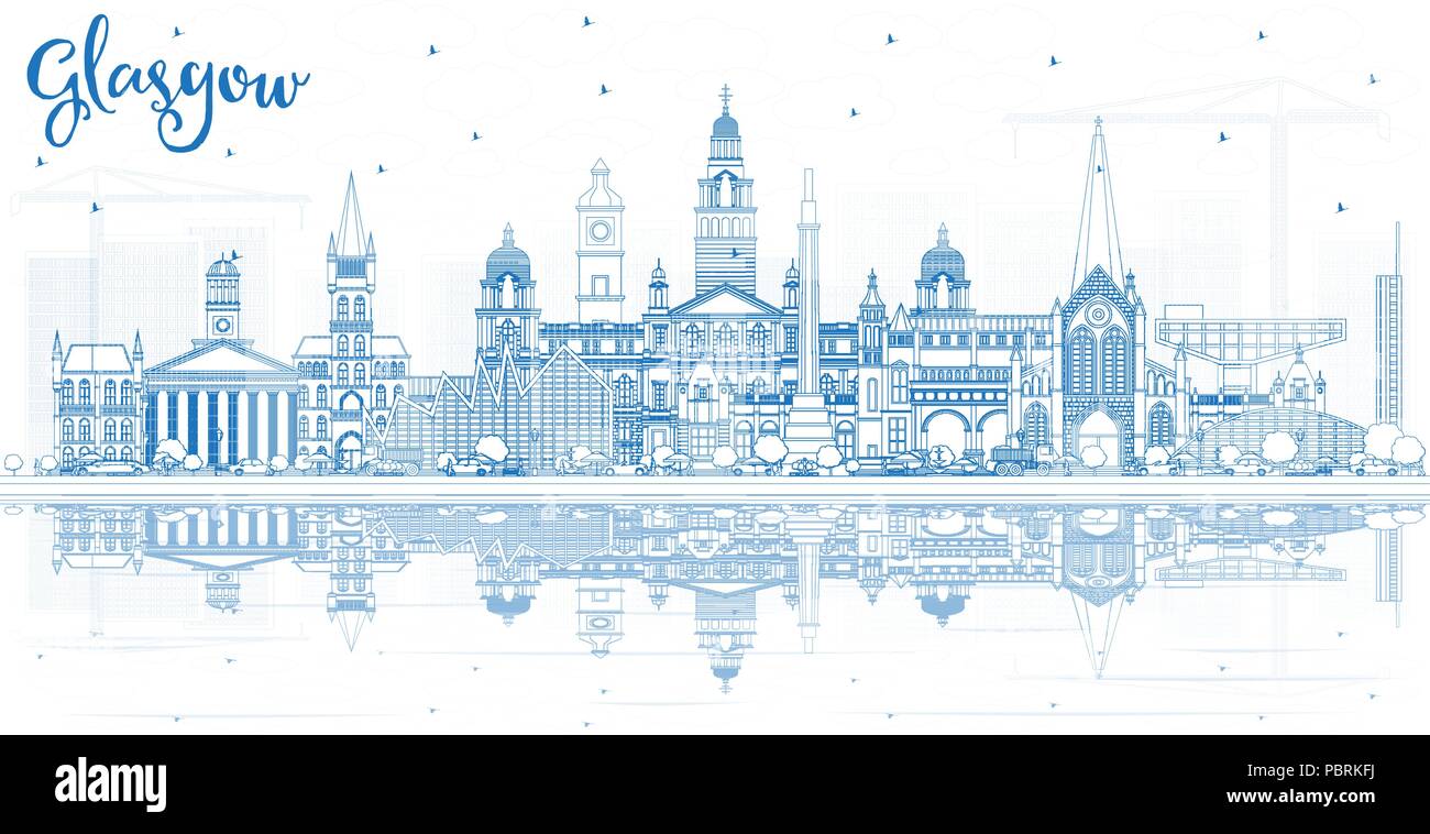 Umrisse Glasgow Schottland Skyline der Stadt mit blauen Gebäude und Reflexionen. Vector Illustration. Business Travel und Tourismus Konzept Stock Vektor