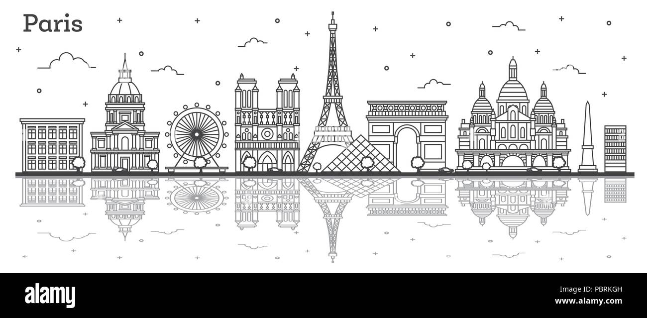 Übersicht Paris Frankreich Skyline der Stadt mit historischen Gebäuden und Reflexionen isoliert auf Weiss. Vector Illustration. Paris Stadtbild mit Sehenswürdigkeiten. Stock Vektor