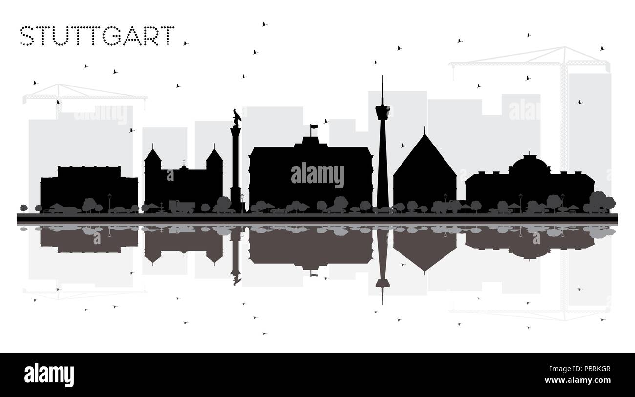 Stuttgart Deutschland Skyline der Stadt schwarze und weiße Silhouette mit Reflexionen. Vector Illustration. Einfache flache Konzept für Tourismus Präsentation, Banner Stock Vektor