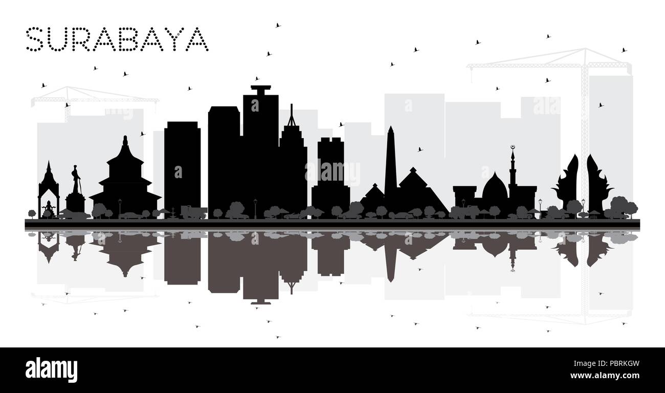 Surabaya, Indonesien Skyline der Stadt schwarze und weiße Silhouette mit Reflexionen. Vector Illustration. Einfache flache Konzept für Tourismus Präsentation, Banner Stock Vektor