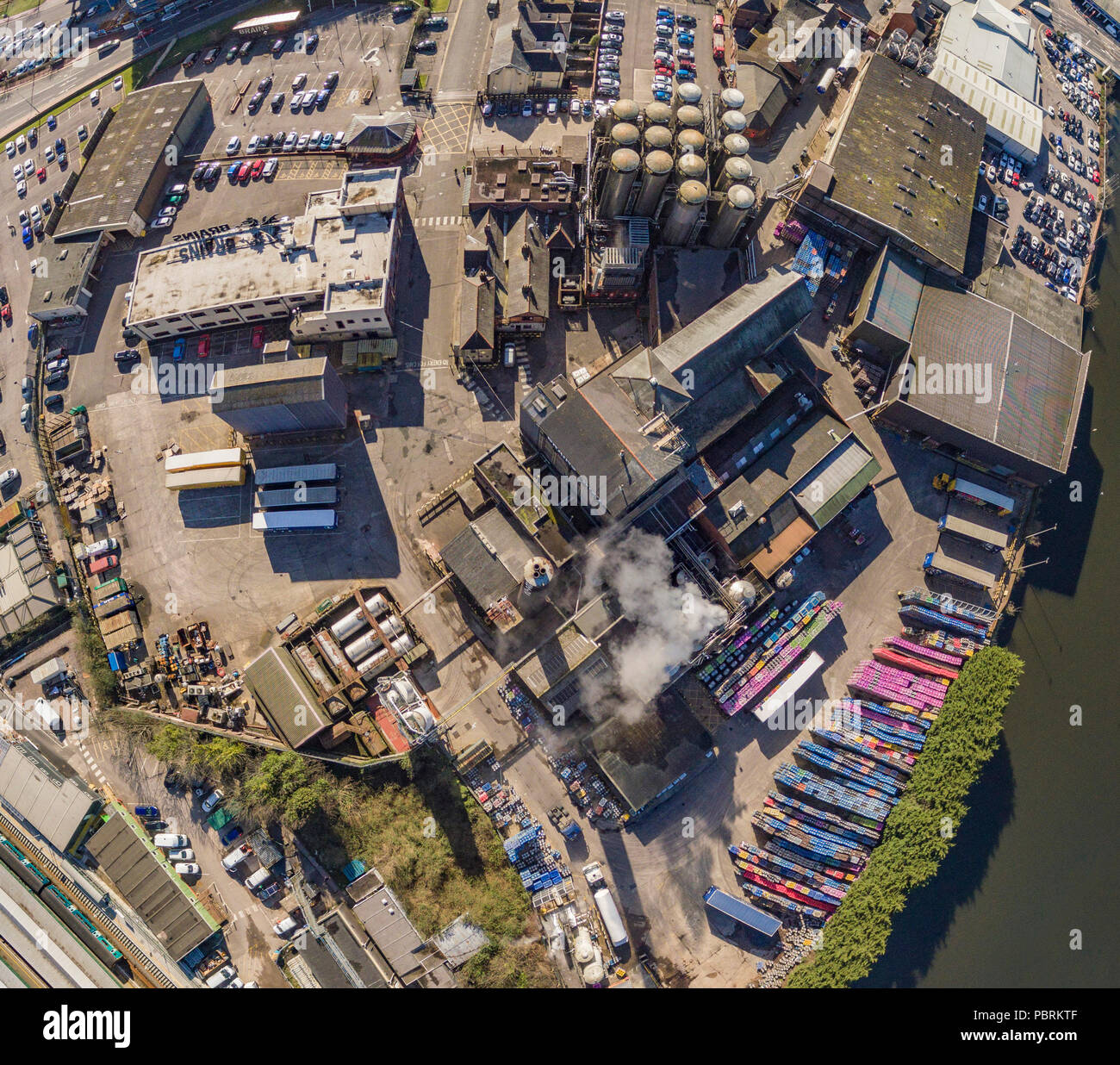 Aus der Vogelperspektive des ehemaligen Brains Brauereistandortes, heute der Standort des Central Quay im Zentrum von Cardiff, Wales, Großbritannien: Phillip Roberts Stockfoto