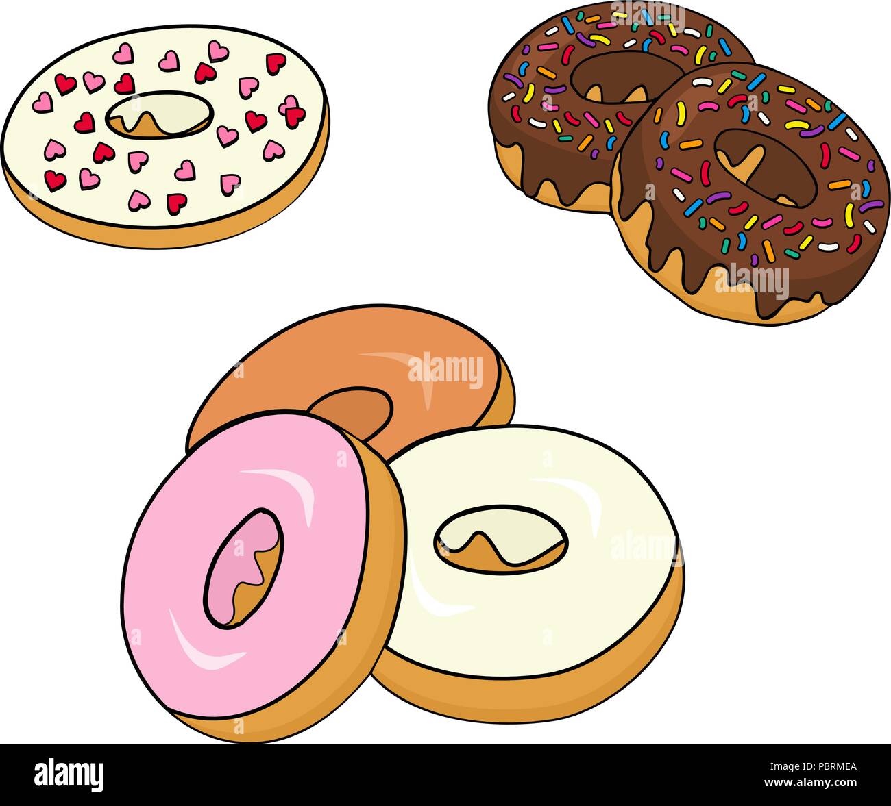 Sortierte Donuts mit Schokolade Frosted, Rosa verglast und streuseln Donuts. Stock Vektor