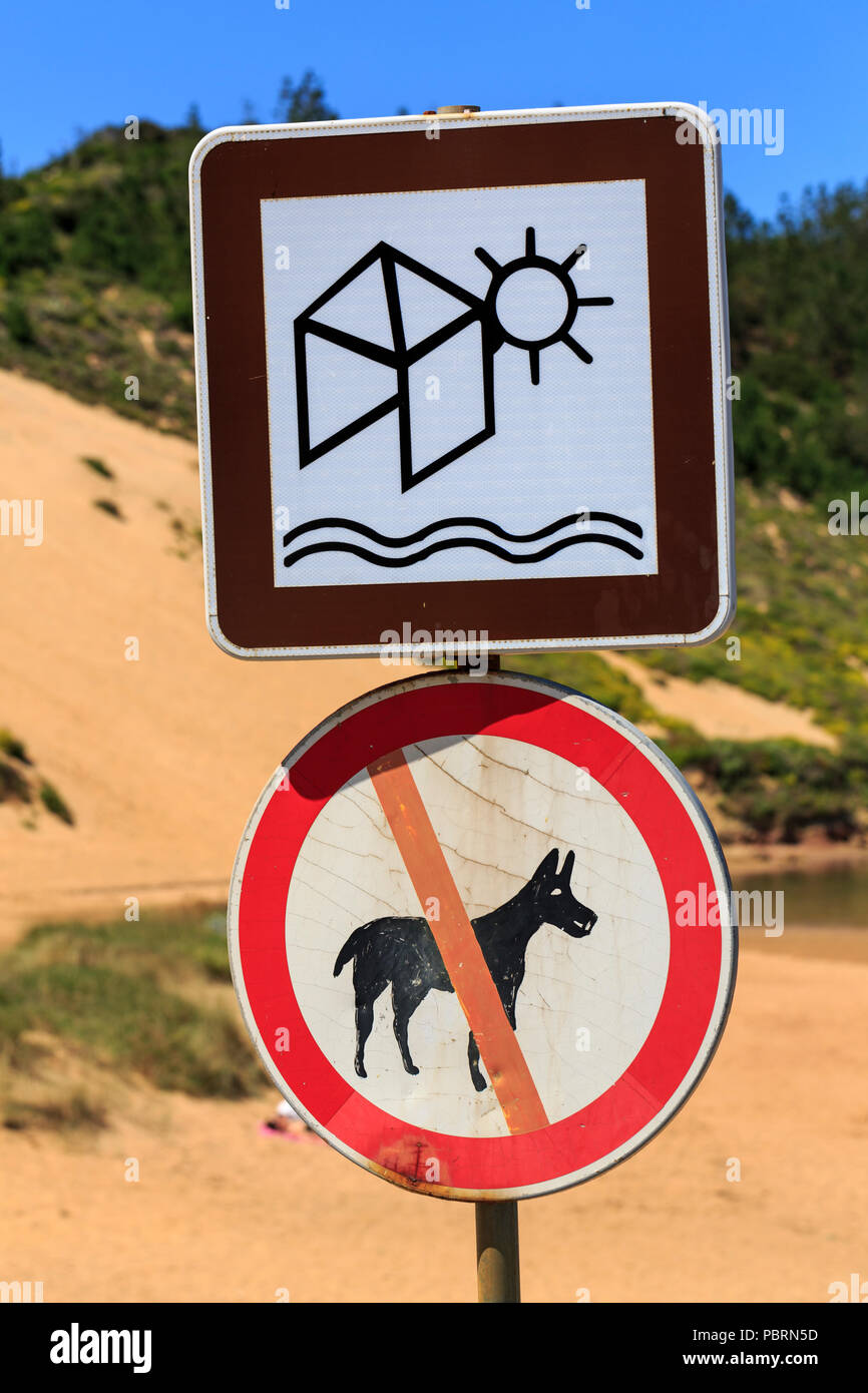 Melden Sie keine Hunde am Strand. Stockfoto