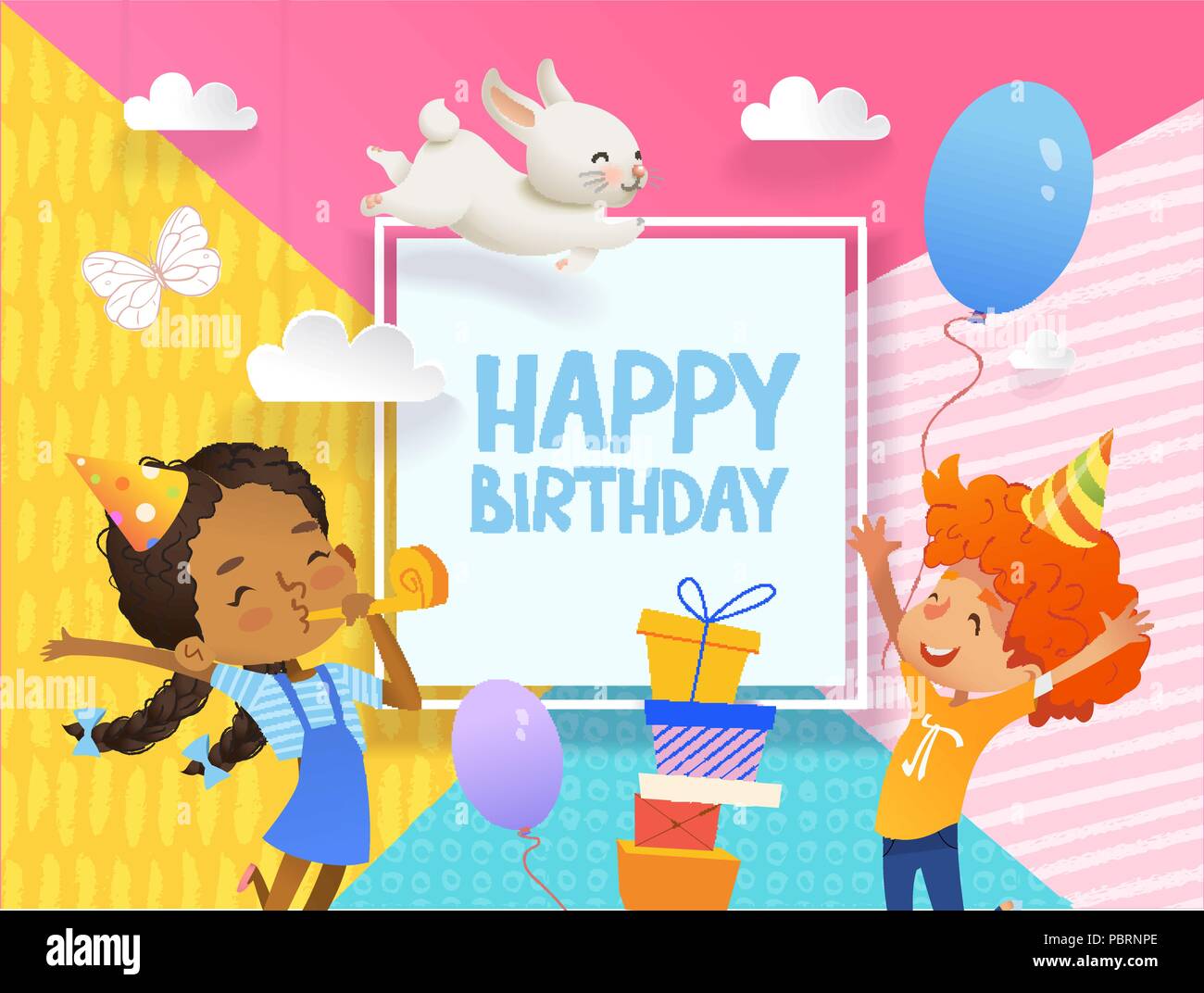 Fröhliche Junge und Mädchen in Geburtstag hüte Gerne springen. Vector Illustration eines Happy Birthday Grußkarte mit Ballons, niedliche Kaninchen, ein Bündel präsentiert auf dem Hintergrund. Stock Vektor