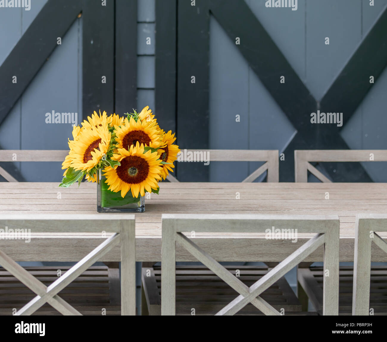 Vase mit frischen Sonnenblumen auf einem Tisch im Freien mit schwarzer und grauer Hintergrund Stockfoto
