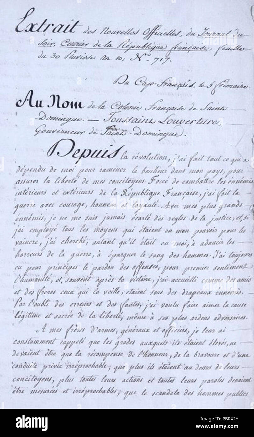 Acte écrit de Toussaint Louverture contre l'Aufstand de 1801. Stockfoto