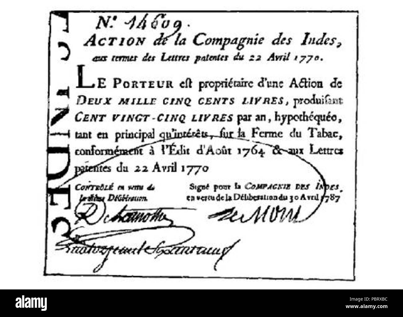 Aktion Compagnie des Indes 1787. Stockfoto