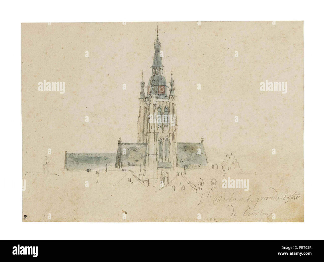 Adam Frans van der Meulen - Blick auf den Turm - Turm und Dach der Kirche St. Martin in Kortrijk. Stockfoto