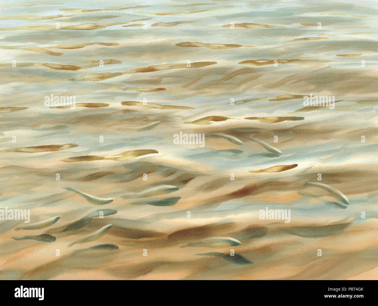Sunny beach Wasser mit Fischen Aquarell backgroun. Meditation Stockfoto