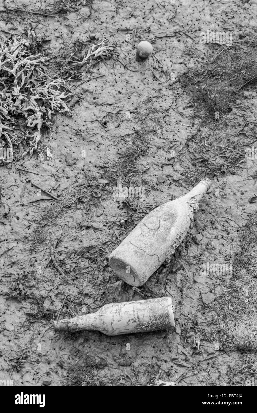 Schwarz und Weiß Wiedergabe von PBT 4 Joh - Zwei alte Glasflaschen in die Schlammigen Wohnungen eines Mündungs- Fluss nach den Gezeiten nach unten gegangen ist. Stockfoto