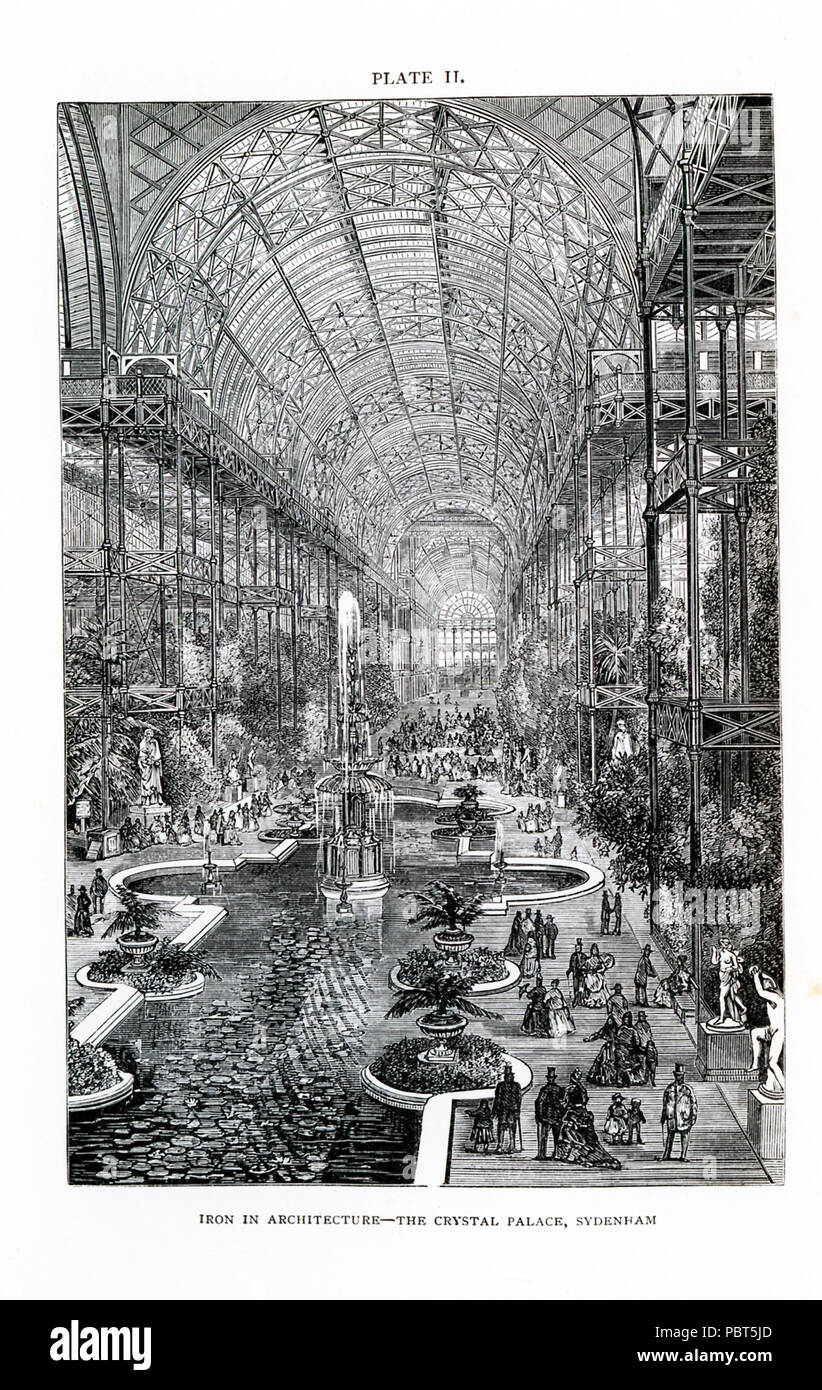 Diese Abbildung stammt aus dem Jahr 1870 und zeigt die Crystal Palace in Sydenham Hill, einem wohlhabenden Vorort in der Nähe von London. Es war eine enorme Glas und Eisen Struktur, die im Jahre 1851 für die Große Ausstellung gebaut wurde 1851 im Hyde Park in London statt. Die Ausstellung wurde Prince Albert die Idee der industriellen Errungenschaften von Großbritannien zu präsentieren. Anderen Ländern, darunter den Vereinigten Staaten, Russland und Ägypten sowie ausgestellt. Das Crystal Palace wurde von Sir Joseph Paxton konzipiert. Hier sehen Sie das Innere der, Barre-gewölbten Querschiff thatran in der Mitte des Gebäudes. Es wa Stockfoto