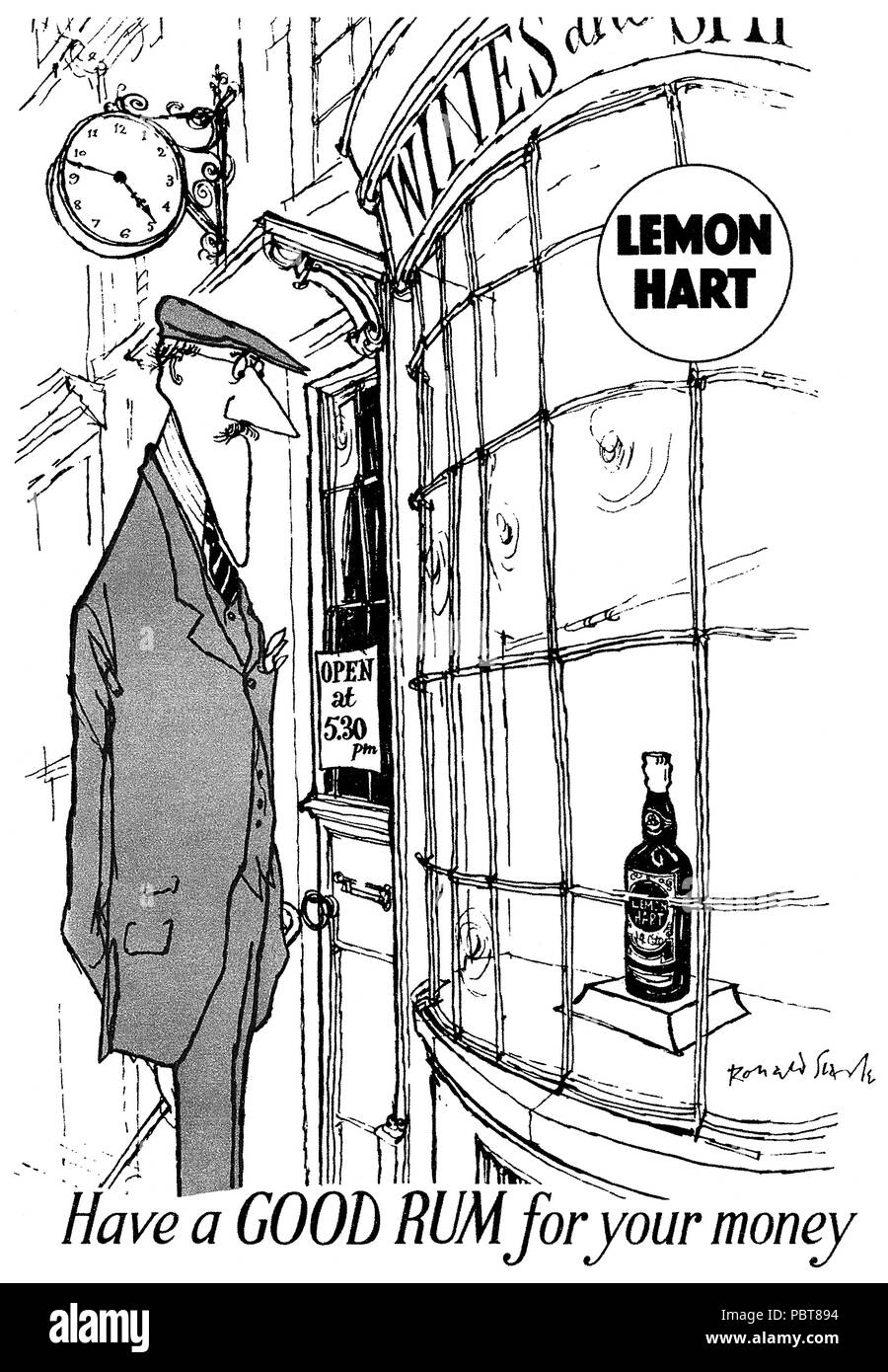 1954 britischen Werbung für Lemon Hart Rum, illustriert von Ronald Searle. Stockfoto