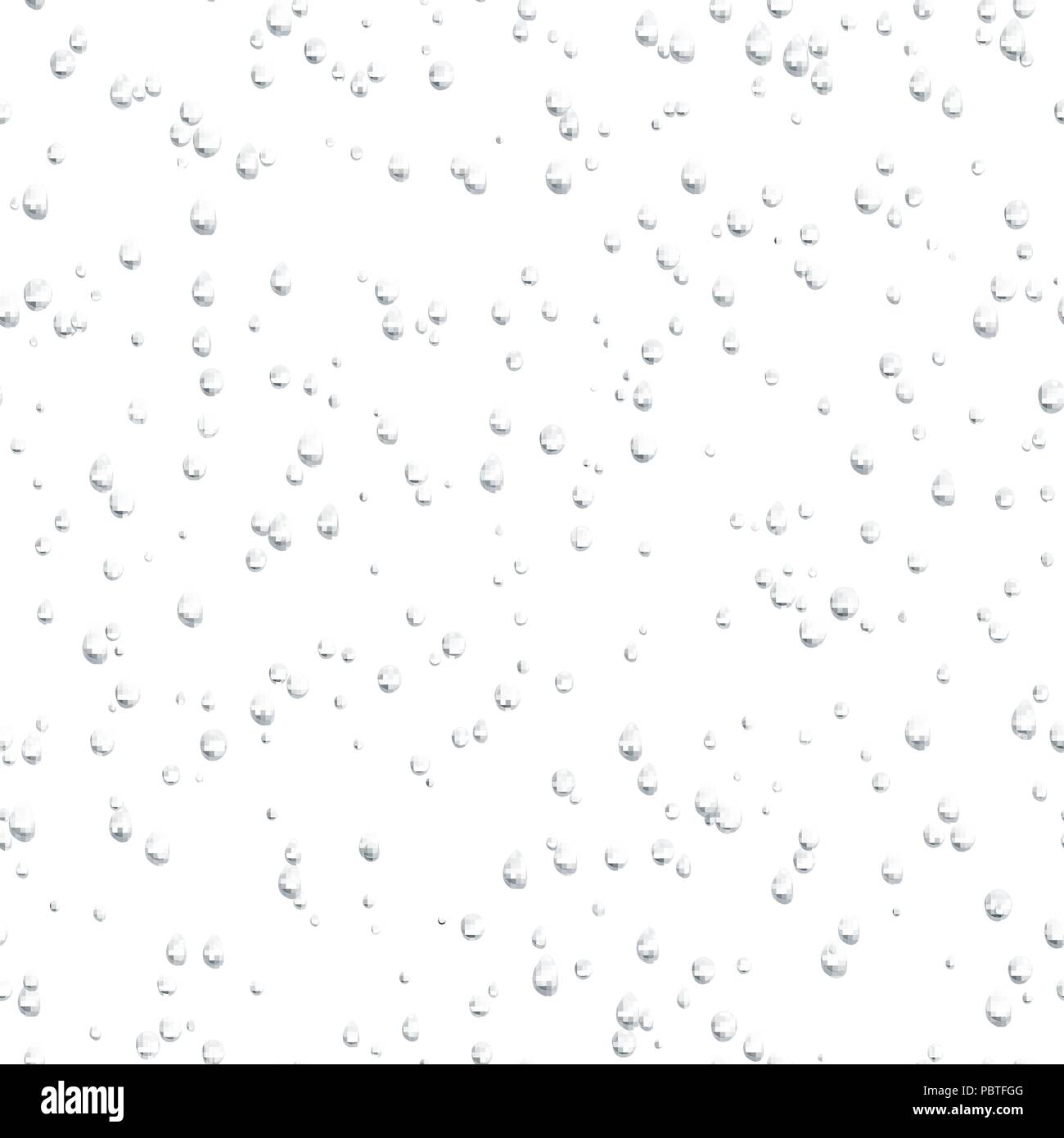 Wassertropfen nahtlose Muster auf weißem Hintergrund. Regen fällt. Realistische Blasen auf weißem Hintergrund. Vector Illustration Stock Vektor