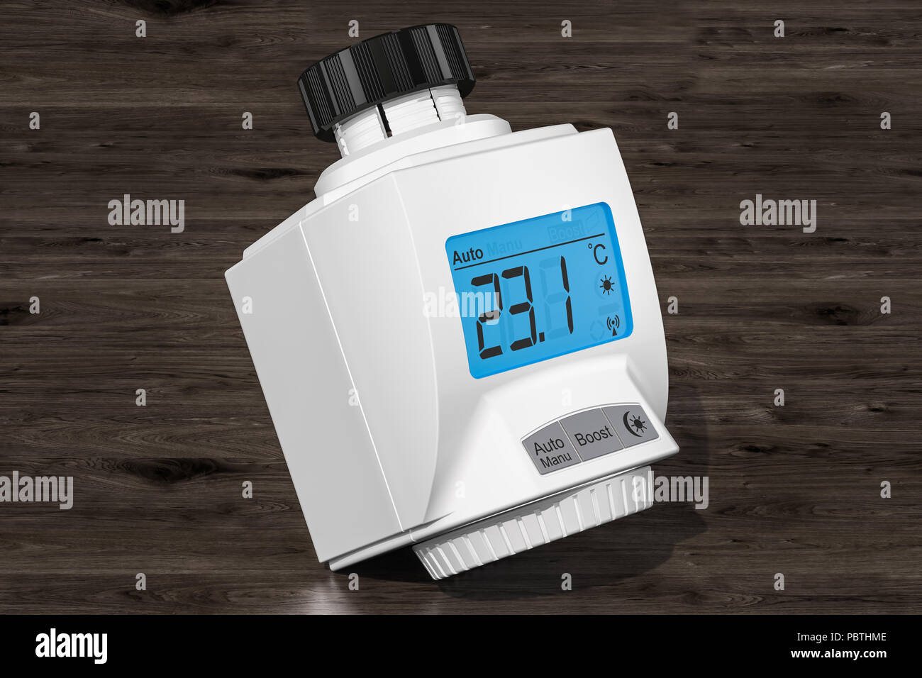 Digitale Thermostatventil des Kühlers auf der hölzernen Hintergrund, 3D-Rendering Stockfoto
