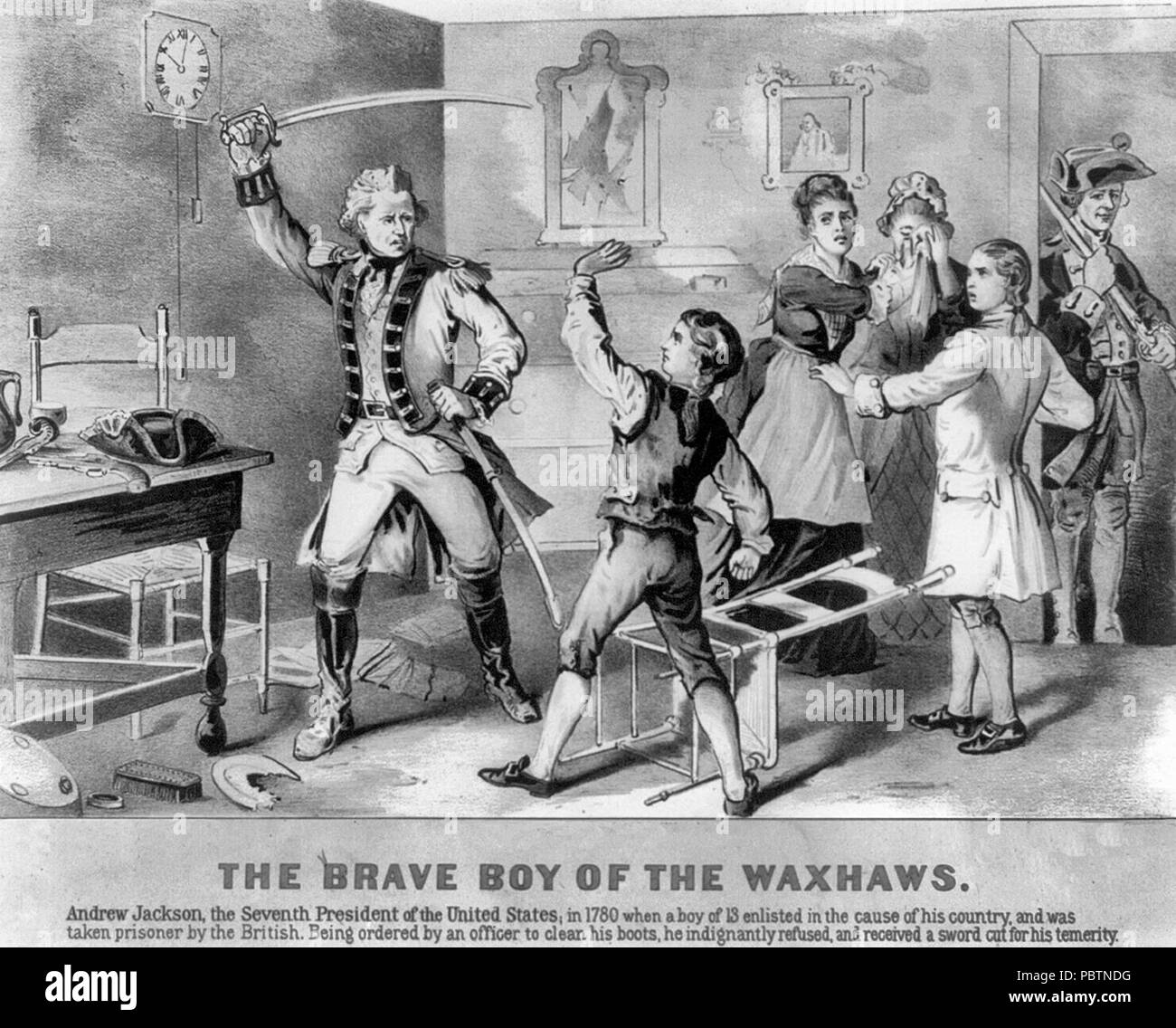 "Der brave Junge, der Waxhaws'. Zeigt ein Vorfall in die Kindheit von Andrew Jackson, den Knaben zu britischen Soldaten stehen. Wie ein Jahrhundert später in einer Lithographie 1876 dargestellt. Stockfoto