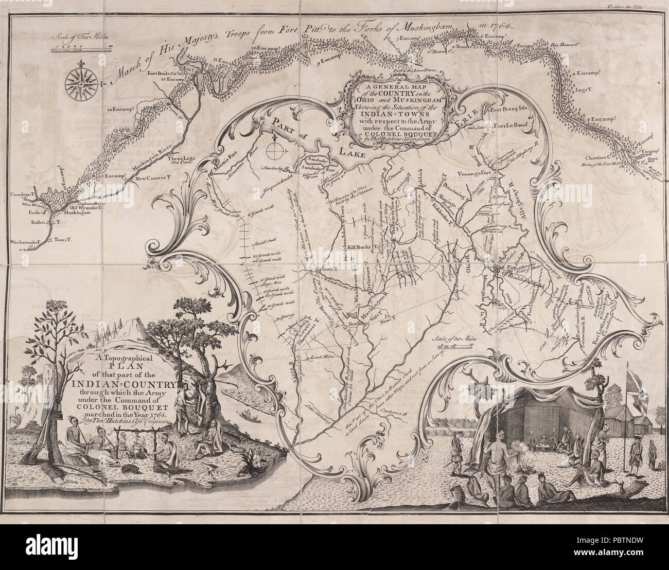 Eine Topographie des Teils der indischen Land durch die Armee unter dem Kommando von Oberst Blumenstrauß marschierten im Jahr 1764 von Thomas Hutchins. Assistant Engineer - Karte der Britischen Armee 1764 Stockfoto