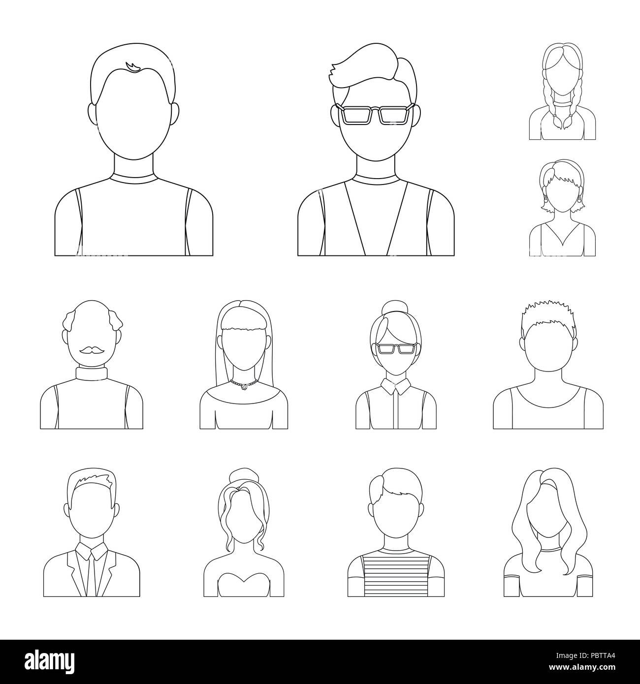 Avatar und Gesicht Umrisse Symbole im Set Sammlung für Design. Eine Person aussehen Vektor Symbol lieferbar Abbildung. Stock Vektor