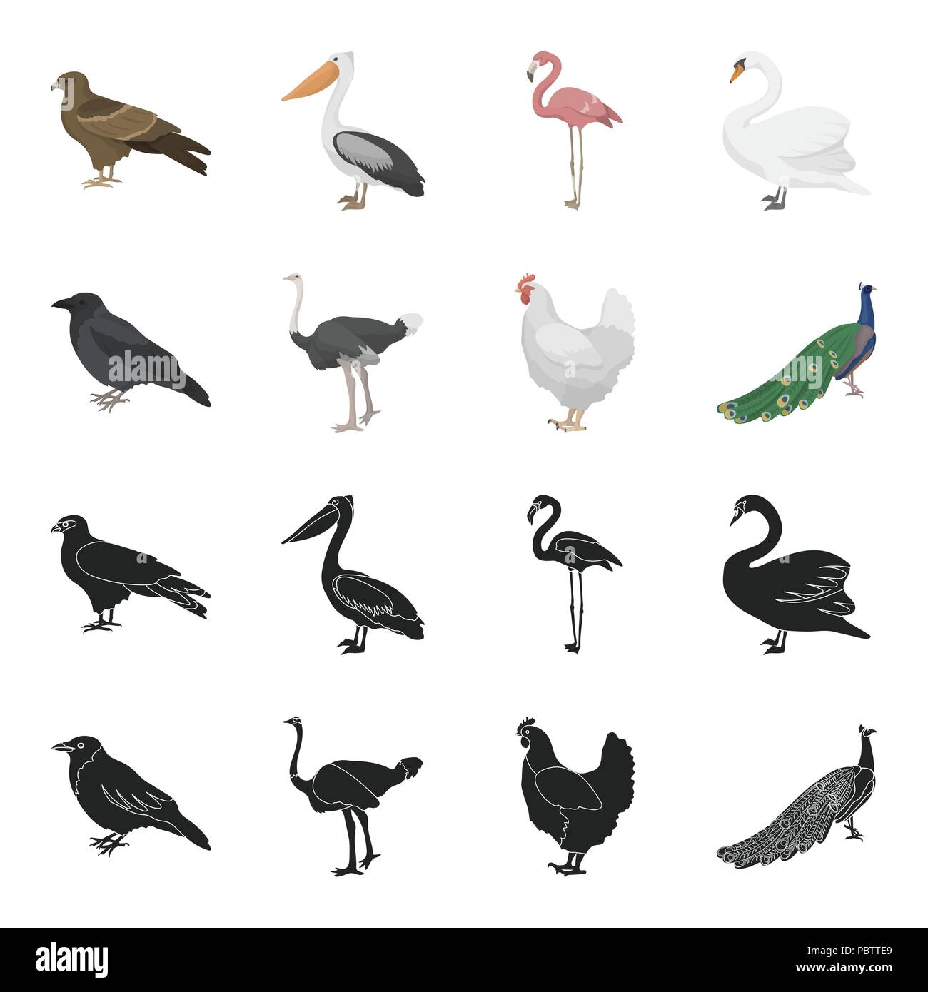 Crow, Strauß, Huhn, Pfau. Vögel stellen Sammlung Icons in Schwarz, Cartoon Stil vektor Symbol lieferbar Abbildung. Stock Vektor