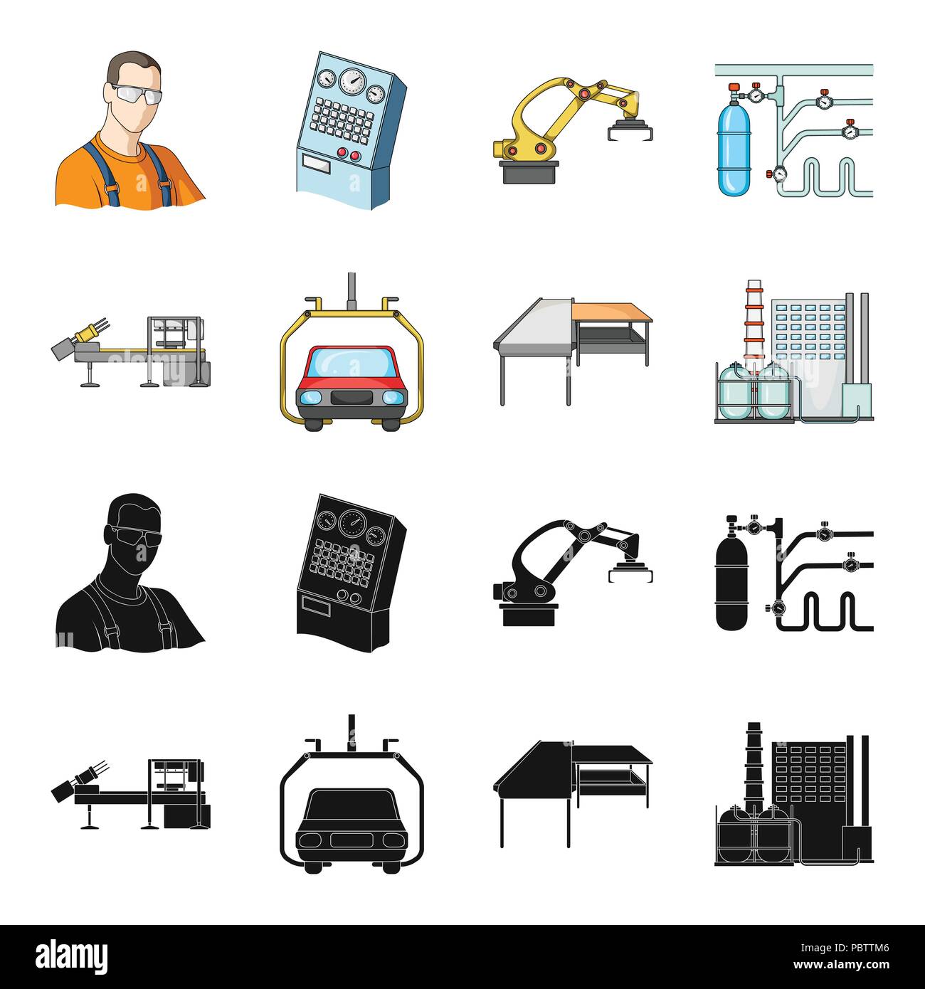 Automobilindustrie und andere Symbol in Schwarz, Cartoon Stil. Neue Technologien Symbole in der Sammlung. Stock Vektor