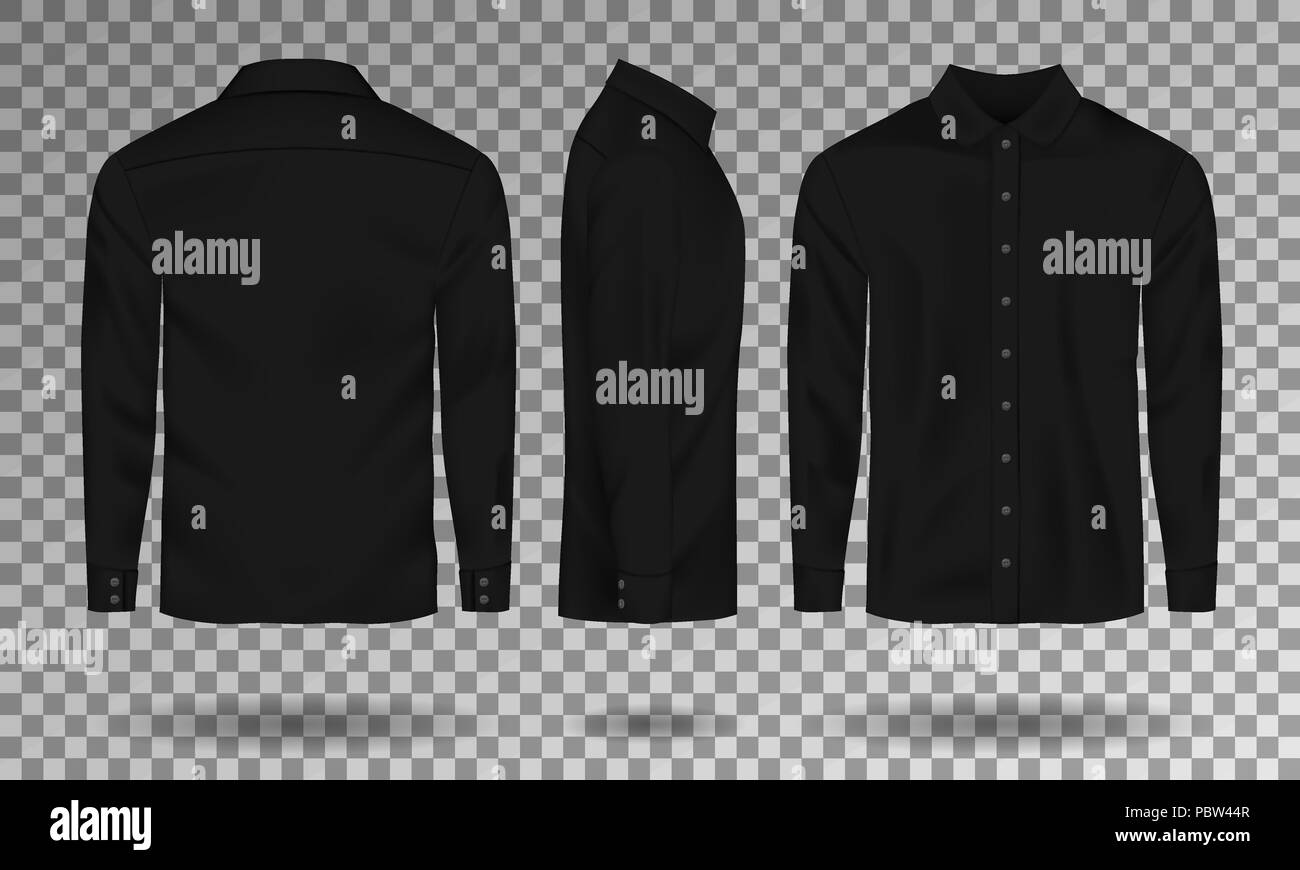 Leere männliche schwarze Shirt Vorlage. Realistische Männer T-shirt mit langen Ärmeln vorne, seitlich, von hinten. Casual Shirt isoliert. Vector Illustration Stock Vektor