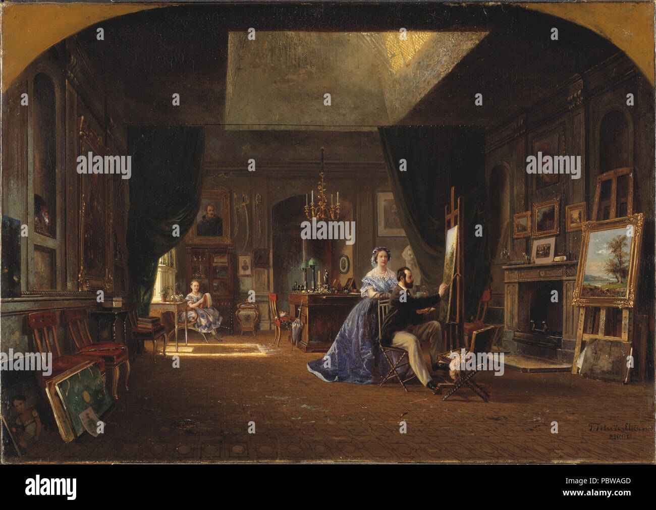 Pierre Henri Théodore Tetar van Elven: ateljé Karl XV. Ich ateljén Gefällt mir Kung Karl XV sittande vid sitt staffli, bakom honom drottning Lovisa och vid fönstret prinsessan Lovisa. NMGrh 2018 53 Karl XVs ateljé - Nationalmuseum - 38885 Stockfoto