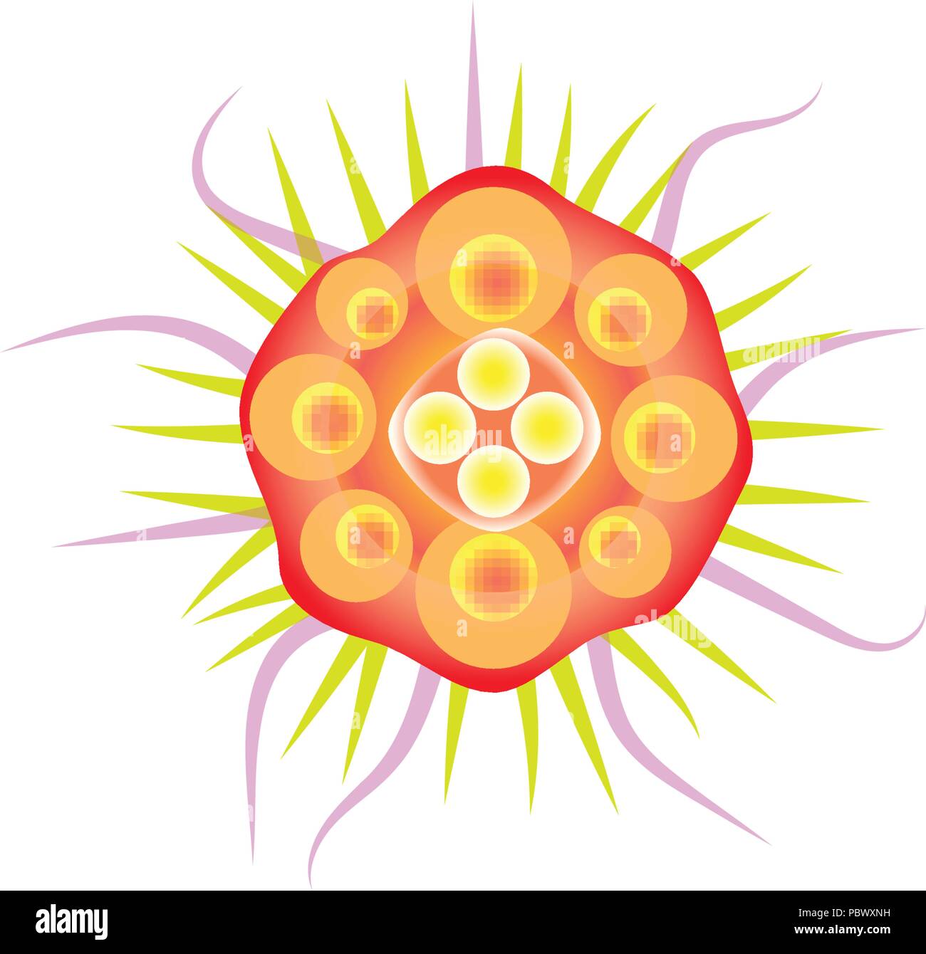 Virus abstrakte Flachbild-Symbol, orange Bakterien mit Tentakeln, Grippe unter einem Mikroskop. Virus Krankheit Zelle Vector Logo, Mikroorganismen Draufsicht auf weißem Hintergrund. Bunte germ. Stock Vektor