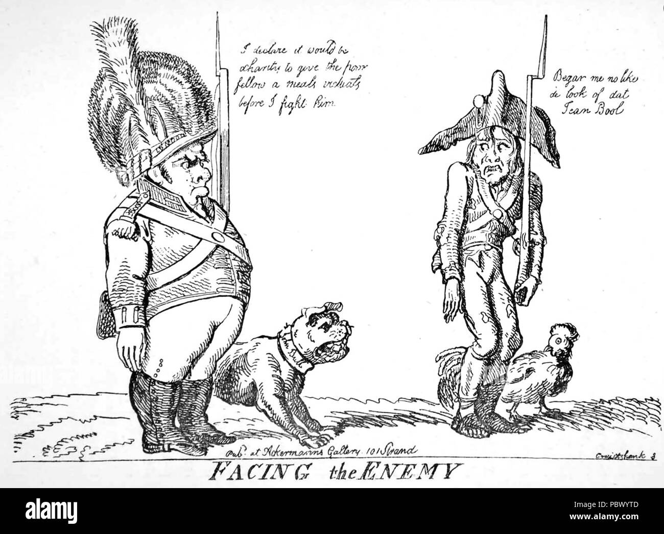 GEORGE CRUIKSHANK (1792-1878) Englischer Karikaturisten. Ein cartoon Vergleich der britischen und französischen Soldaten Stockfoto
