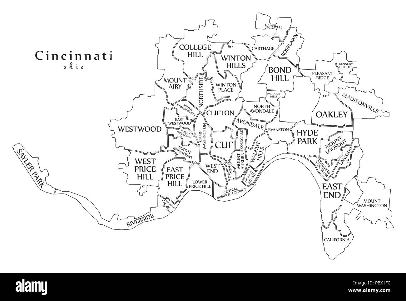Map Of Cincinnati Area Moderne Stadtplan - Cincinnati Ohio Stadt Der Usa Mit Nachbarschaften Und  Titel Übersichtskarte Stock-Vektorgrafik - Alamy