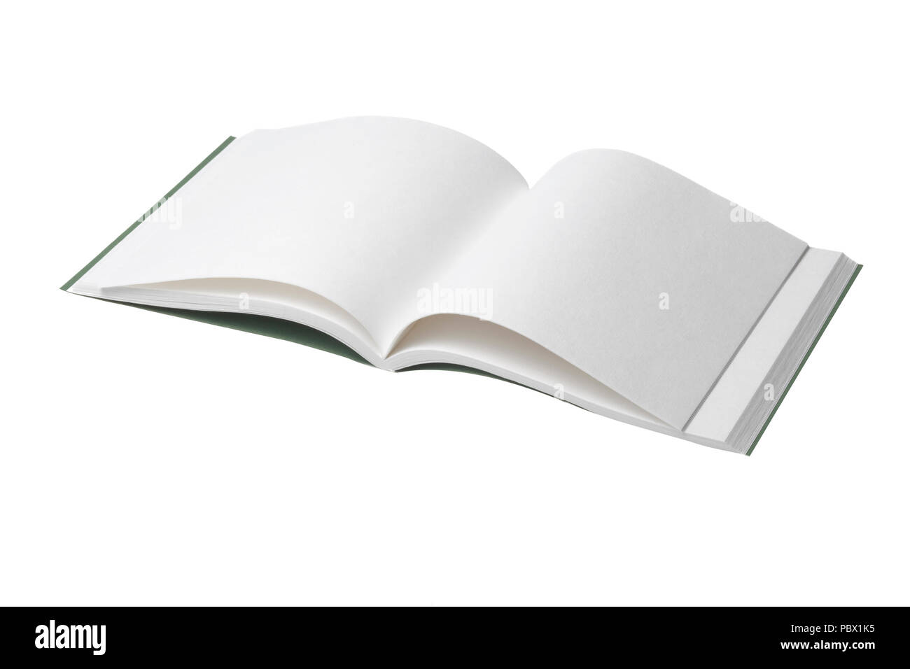 Ein leeres Notebook mit leeren Seiten ist auf einem weißen Hintergrund. Horizontale erschossen. Auf weiß isoliert. Stockfoto