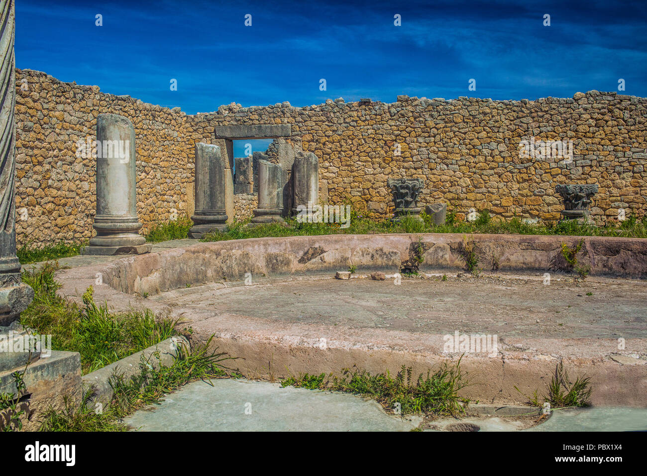 Das Haus der Säulen an Volubilis Marokko, UNESCO-Weltkulturerbe. Stockfoto