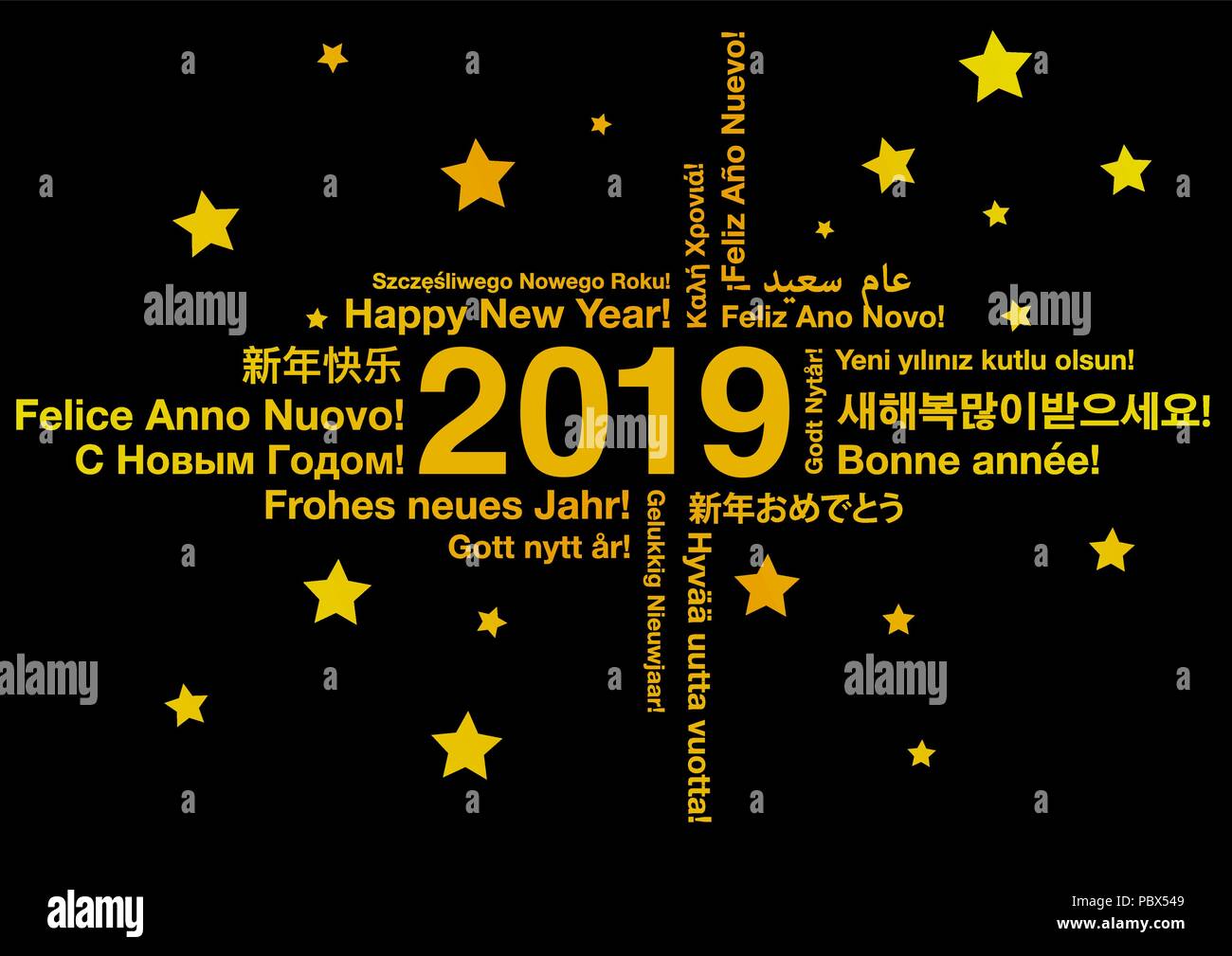 Frohes Neues Jahr 2019 in verschiedenen Sprachen Stock Vektor